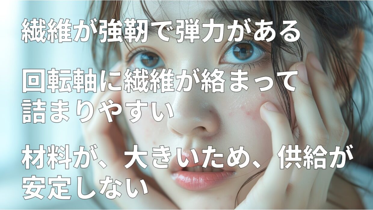 繊維が強靭で弾力がある、回転軸に繊維が絡まって詰まりやすい、材料が大きいため、供給が安定しない。
