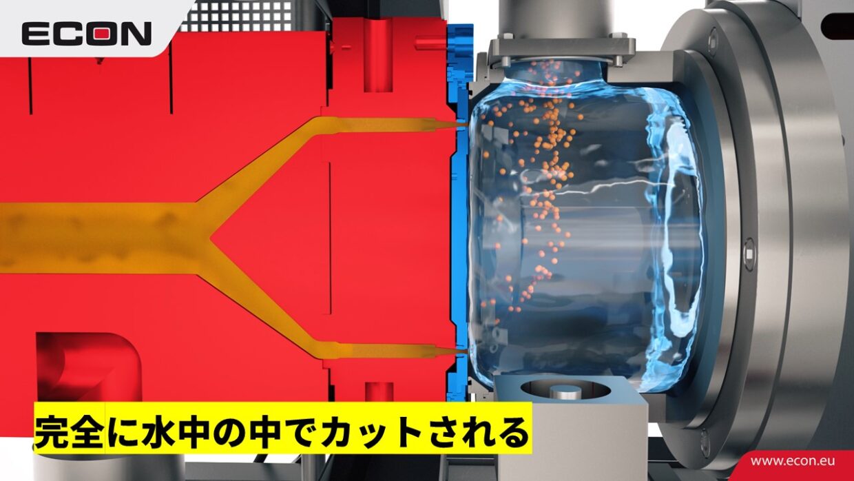 アンダーウォーターペレタイザーは、押出機から出た溶融材料を水中で冷却してペレット化する方式です。水の中でストランドが切断され、急速に冷却されるため、ペレットの冷却が非常に速い