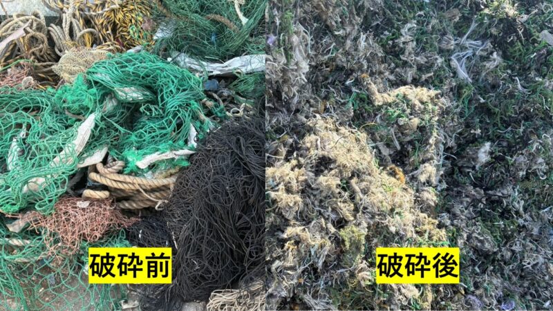 ｢一軸破砕機　WLK1500」で破砕されている廃プラ漁網(PAやPET)