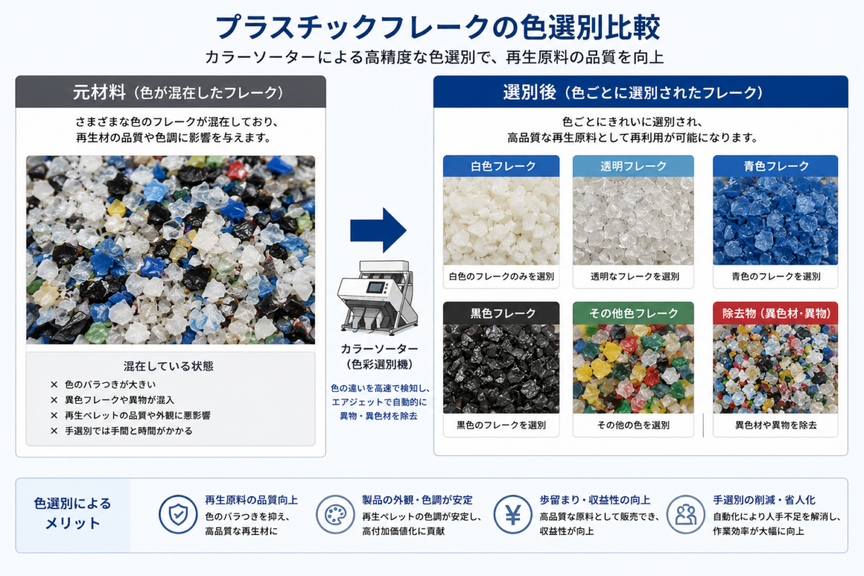 プラスチックフレークの色選別比較
