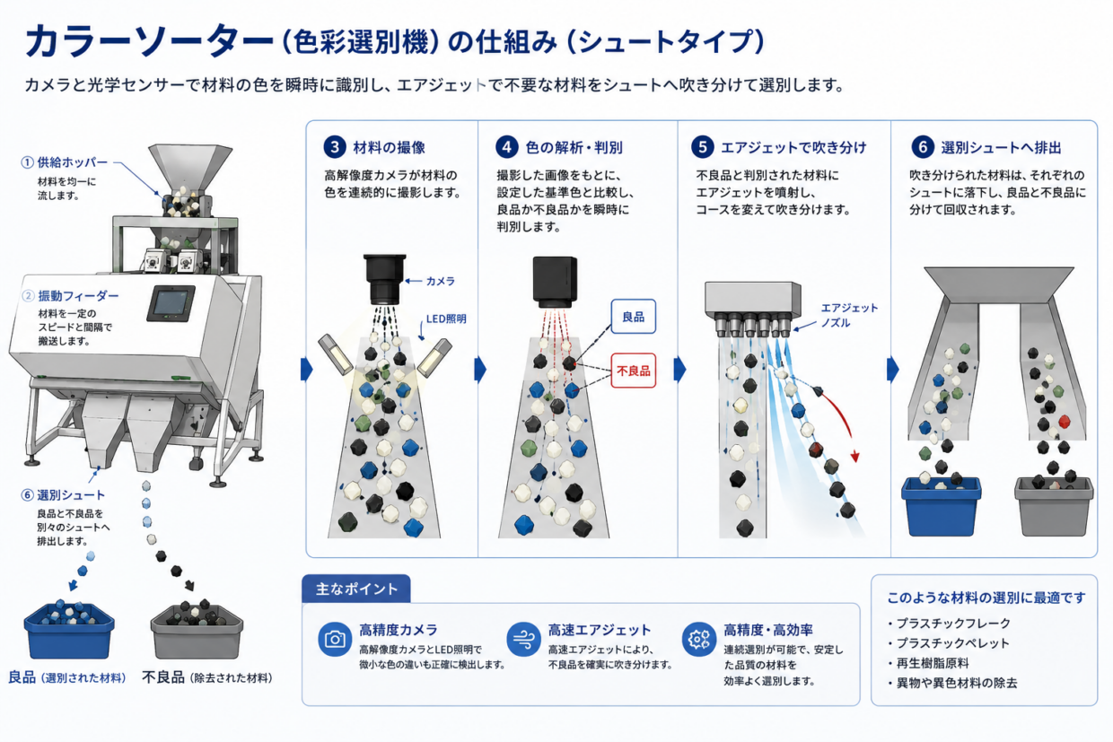 カラーソーター（色彩選別機）の仕組み（シュートタイプ）